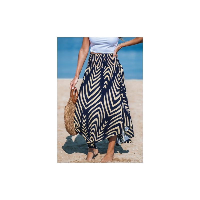 Navy Abstract Smocked Waist Midi Skirt