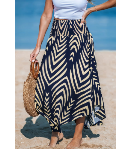 Navy Abstract Smocked Waist Midi Skirt