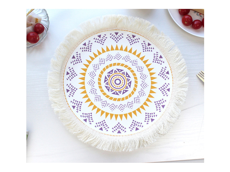 Bohemia Polyester Coaster Mats, Tassel Hot Pads, for Cooking Baking, Flat Round with Flower Pattern