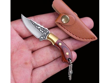 Wood Handle Brass Mini Box Opener Knife, Multi-Functional Keychain EDC Camping Knife, with Knife Sheath