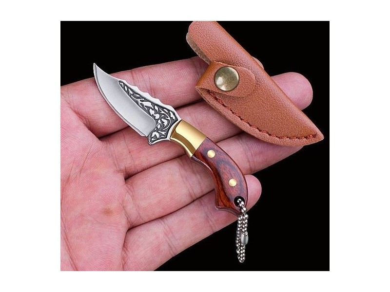 Wood Handle Brass Mini Box Opener Knife, Multi-Functional Keychain EDC Camping Knife, with Knife Sheath (02PJFP)