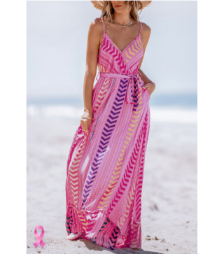 Pink V-Neck Belted Maxi Dress