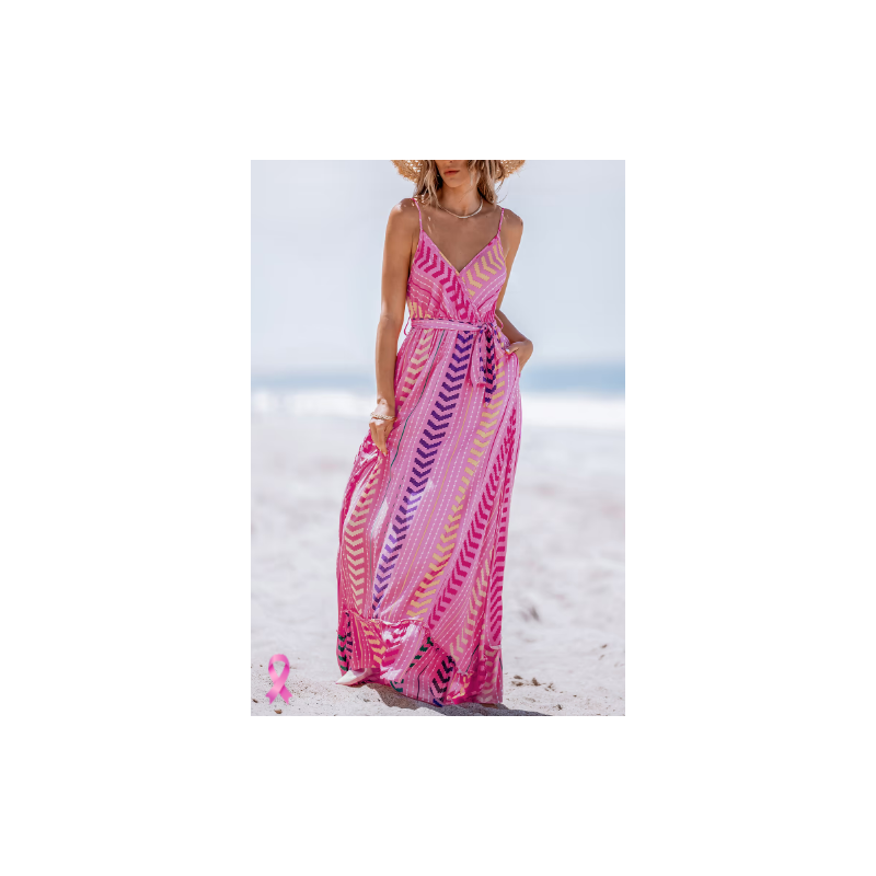 Pink V-Neck Belted Maxi Dress