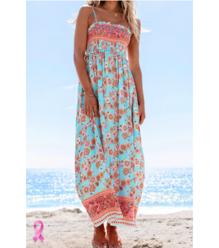 Blue & Pink Floral Sleeveless Square Neck Maxi Dress