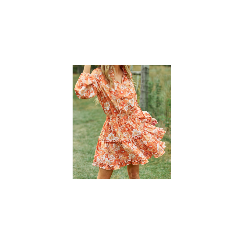 Orange Retro Floral Split Neck Puff Sleeve Mini Dress