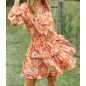 Orange Retro Floral Split Neck Puff Sleeve Mini Dress