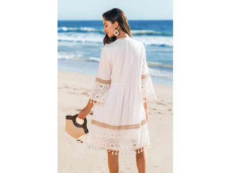 Lace & Tassels White Mini Dress