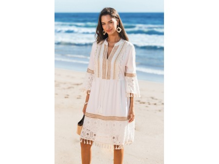 Lace & Tassels White Mini Dress