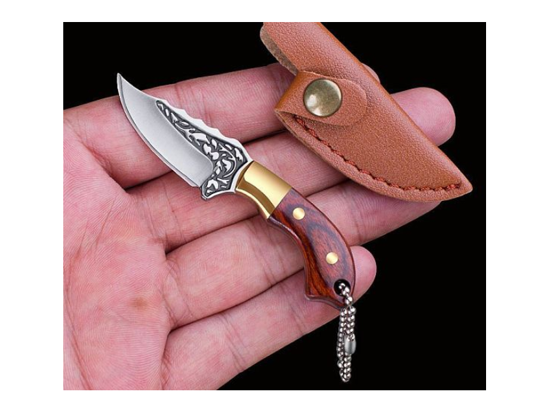 Wood Handle Brass Mini Box Opener Knife, Multi-Functional Keychain EDC Camping Knife, with Knife Sheath