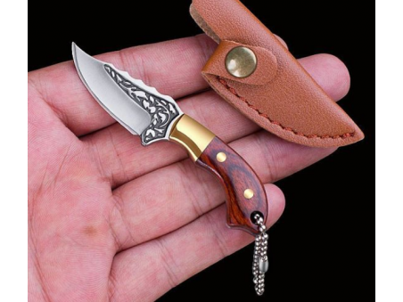 Wood Handle Brass Mini Box Opener Knife, Multi-Functional Keychain EDC Camping Knife, with Knife Sheath