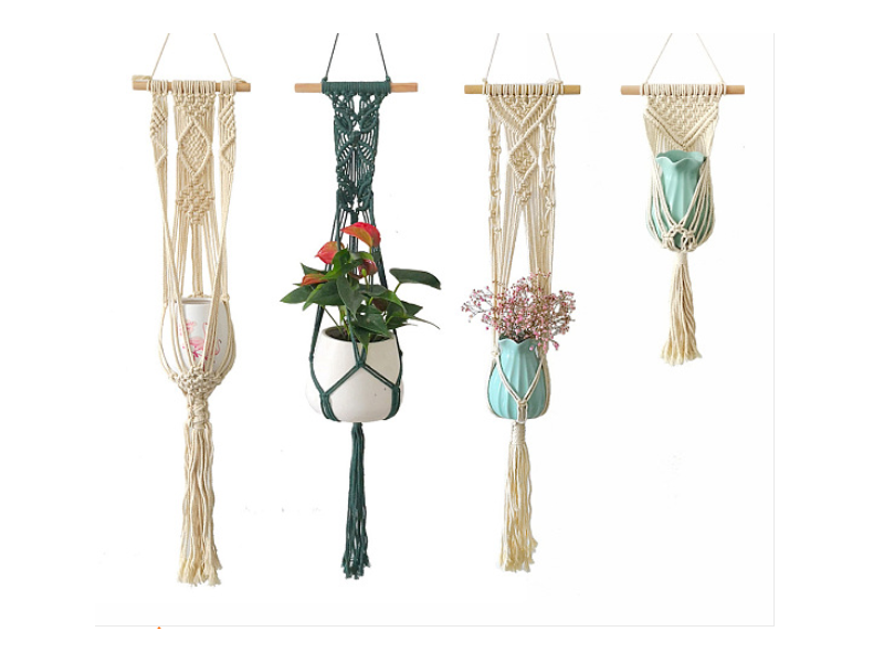 Cotton Macrame Plant Hangers, Wood Holder Boho Style Hanging Planter Baskets, Wall Decorative Flower Pot Holder