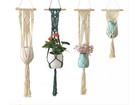 Cotton Macrame Plant Hangers, Wood Holder Boho Style Hanging Planter Baskets, Wall Decorative Flower Pot Holder