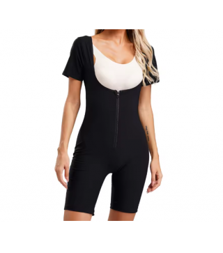 Women Sports Sweat Jumpsuit Body Shaper Deep U-neck Short Sleeve Zipper Bodysuit Belly Control Shapwear