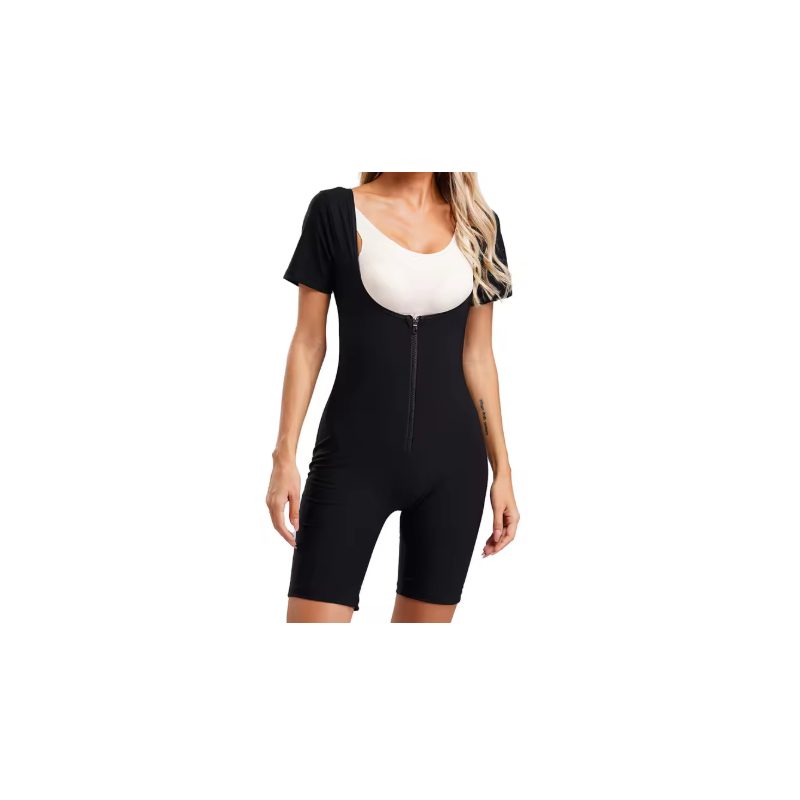 Women Sports Sweat Jumpsuit Body Shaper Deep U-neck Short Sleeve Zipper Bodysuit Belly Control Shapwear