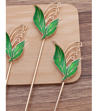 4 Loop Iron Hair Stick Finding, with Alloy Enamel Leaf