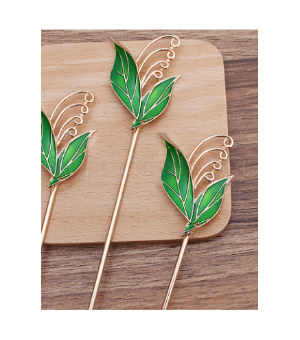 4 Loop Iron Hair Stick Finding, with Alloy Enamel Leaf