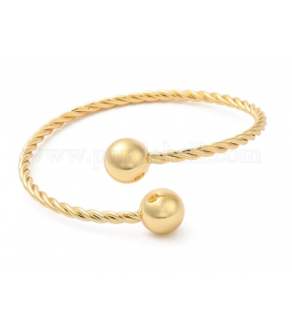 Rack Plating Brass Twist Rope Cuff Bangle with Round Beaded, Cadmium Free & Lead Free, Real