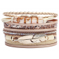 PU Leather Multi-strand Bracelets, with Wax Polyester Cords, Alloy Magnetic Clasp and Rhinestone, Feather, Golden, Beige