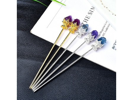 Fluorite Hairpin, Metal Hair Sticks, Rose/Strawberry