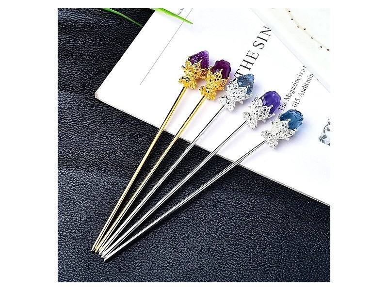 Fluorite Hairpin, Metal Hair Sticks, Rose/Strawberry