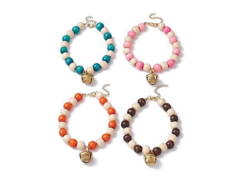 Wood Round Beads Pet Collar, Pet Necklaces with Iron Bell