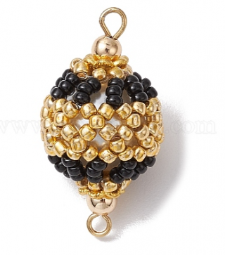 Seed Beads Loom Round Connector Charms, with Brass Double Loops, Gold & Black, Golden