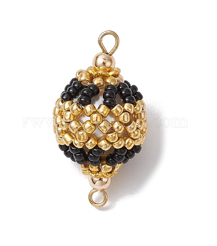 Seed Beads Loom Round Connector Charms, with Brass Double Loops, Gold & Black, Golden