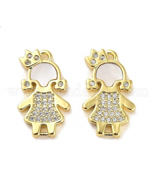 Brass Micro Pave Clear Cubic Zirconia Princess Connector Charms, with Shell, Girl Links, Real 18K Gold Plated