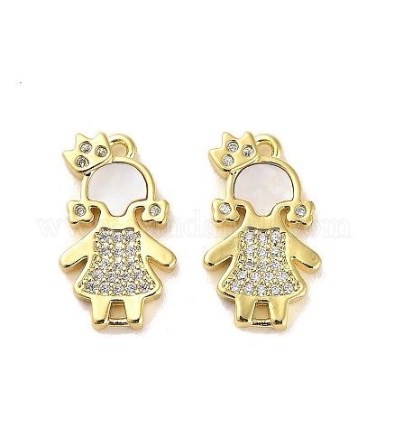 Brass Micro Pave Clear Cubic Zirconia Princess Connector Charms, with Shell, Girl Links, Real 18K Gold Plated