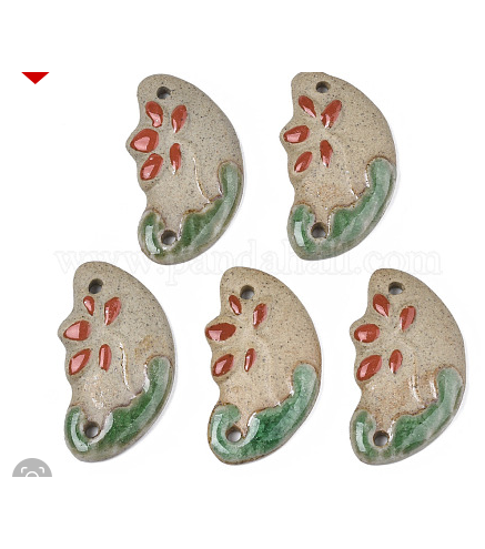 Handmade Porcelain Connector Charms, Famille Rose Style, Moon, Light Green