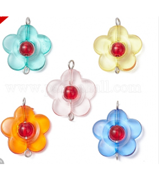 Transparent Acrylic & Glass Flower Connector Charms, with 304 Stainless Steel Double Loops