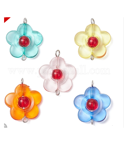 Transparent Acrylic & Glass Flower Connector Charms, with 304 Stainless Steel Double Loops