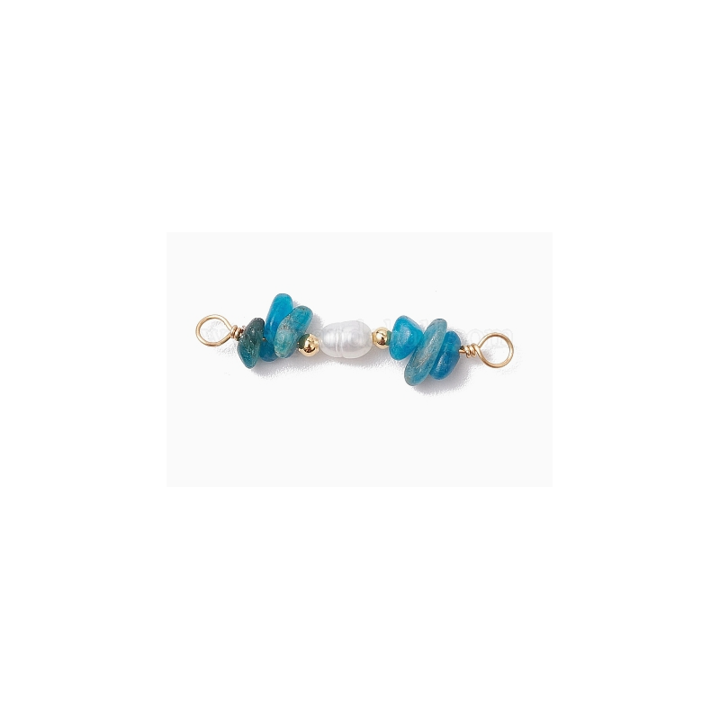 Natural Apatite Chip & Natural Cultured Freshwater Pearl Rice Beaded Connector Charms, with Brass Double Loops