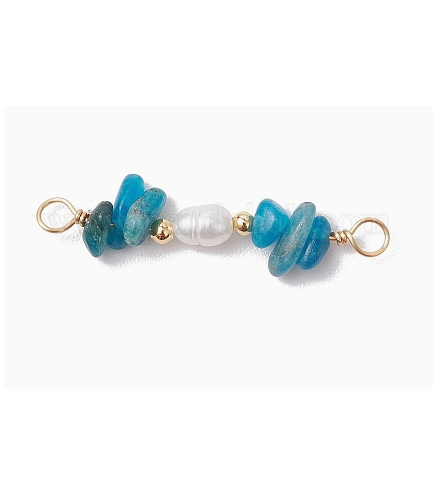 Natural Apatite Chip & Natural Cultured Freshwater Pearl Rice Beaded Connector Charms, with Brass Double Loops