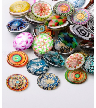 Mosaic Printed Glass Half Round/Dome Cabochons, Mixed Color