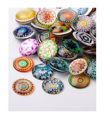 Mosaic Printed Glass Half Round/Dome Cabochons, Mixed Color