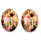 Glass Cabochons, with European Style Pattern, Oval, Pearl Pink