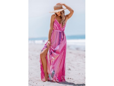 Pink V-Neck Belted Maxi Dress