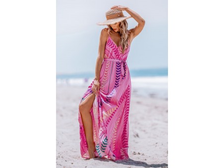 Pink V-Neck Belted Maxi Dress