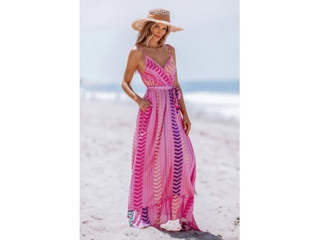 Pink V-Neck Belted Maxi Dress