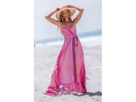 Pink V-Neck Belted Maxi Dress