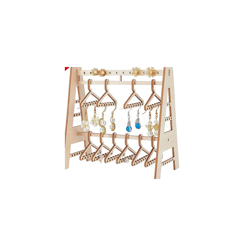 Holes Earring Holder, Earring Organizer Rack with Mini Hangers Wood Earring Display Stand