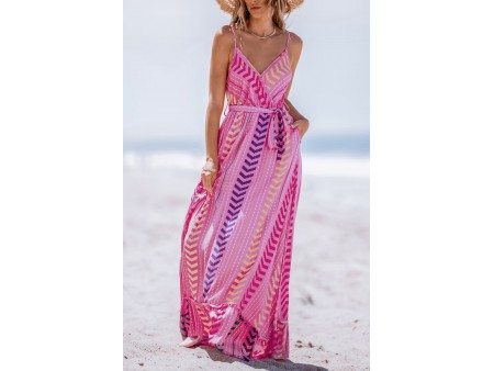 Pink V-Neck Belted Maxi Dress