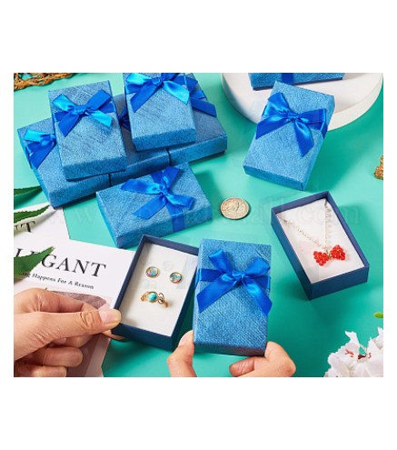 Rectangle Paper Jewelry Set Gift Box, with White Sponge Mat and Bowknot, for Rings, Necklace