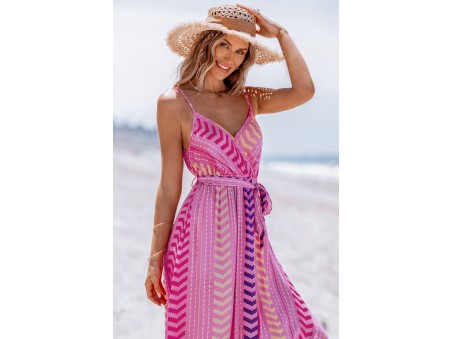 Pink V-Neck Belted Maxi Dress