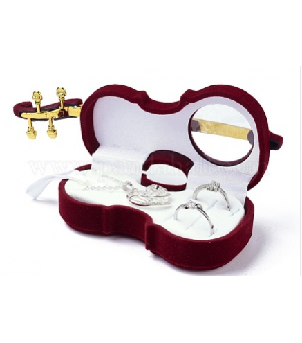 Velvet Jewelry Set Box, with Plastic, for Ring, Necklaces, Violin, Dark Red