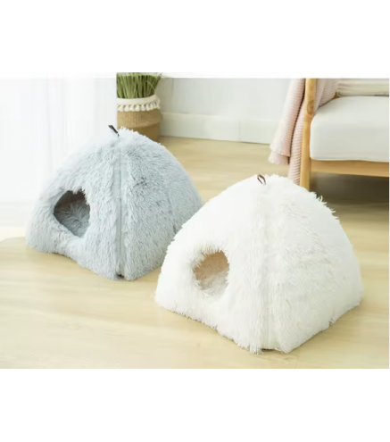 Long Haired High-quality Sponge Triangular Nest Cat Nest Winter Warm Closed Cat Bed Pet Nest Deep Sleep Cat House grey