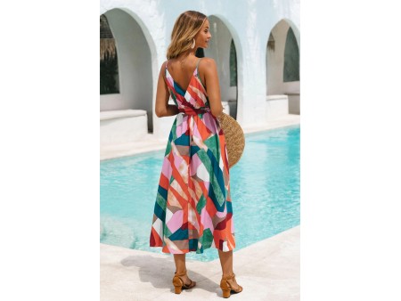 Belted Abstract Print Maxi Dress