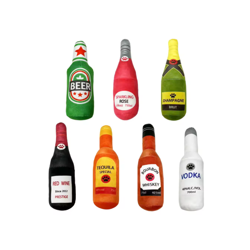 Interactive Dog Toys Champagne Wine Bottle Shape Pet Toy Plush Filled Vodka Toy Squeaky Bite-Resistant Pet Supplies Whisky