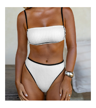 Coastal Rib Piping Bandeau & High-Waisted Bottoms Set